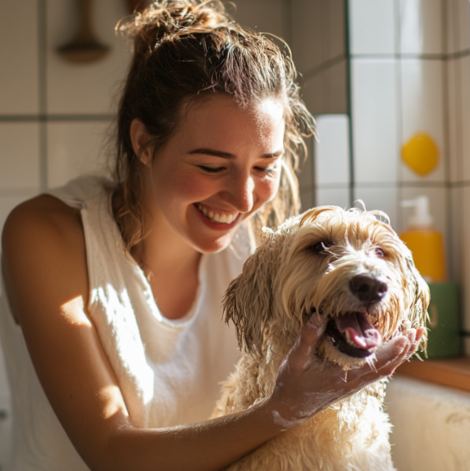 Maître et son chien après la séance de toilettage
