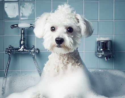 Chien dans une baignoire pendant le toilettage