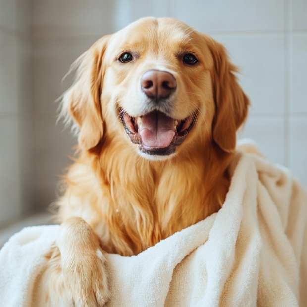 Chien heureux sortant du toilettage maison